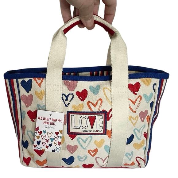 NWT BRIGHTON Red, White, and You Mini Heart Canvas Tote crossbody bag - Picture 1 of 8